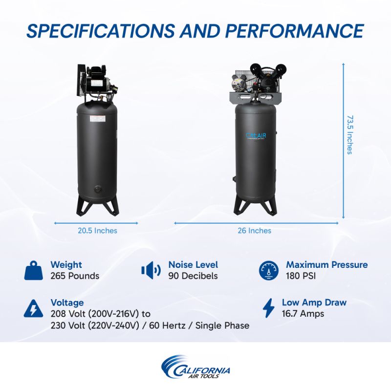 California Air Tools 60037BD dimensions and specifications: 265lbs, 90 decibels, 180 PSI max, 16.7 amp draw, 220V, 20.5 x 26 x 73.5 inches 