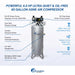 California Air Tools 60065C component diagram showing oil-free quad piston pump, 60 gallon steel tank, 6.5 HP motor, and 3000+ hour life cycle