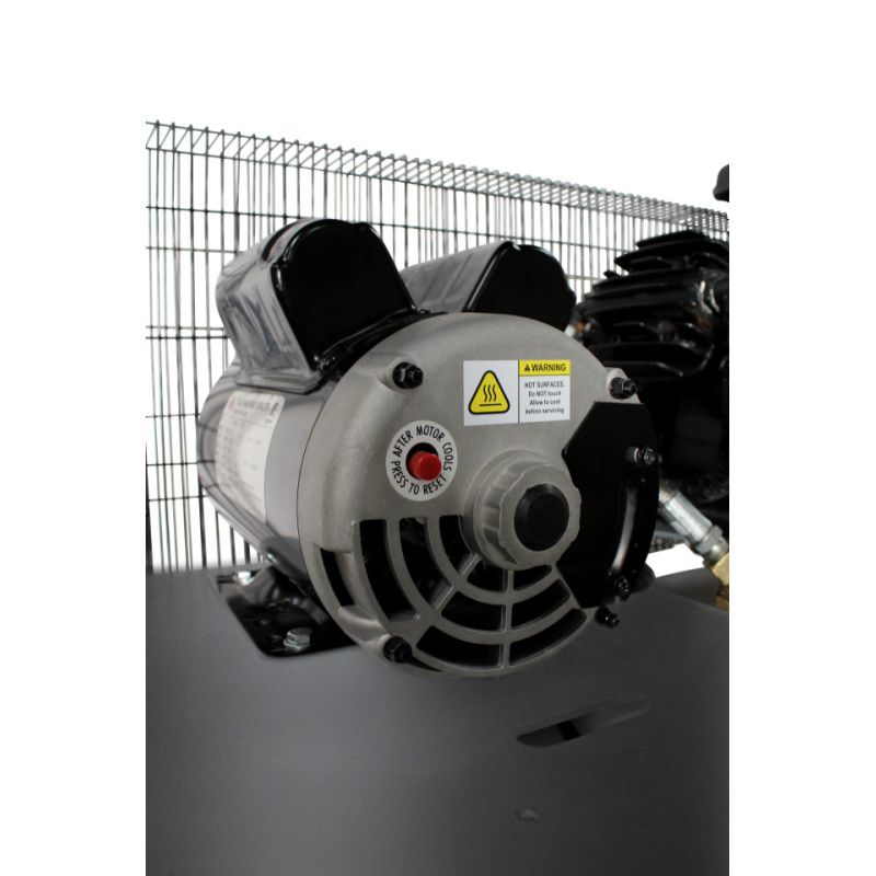 California Air Tools 80050BD heavy duty belt driven 5hp 80 gallon air compressor front left quarter view showing the 5hp motor and motor reset switch