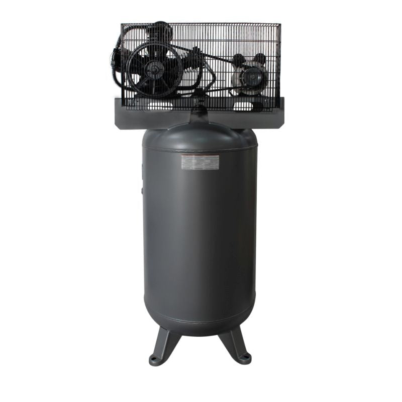 California Air Tools 80050BD heavy duty belt driven 5hp 80 gallon air compressor rear view showing the belt driven pump system